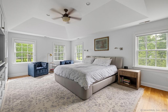 96 Norrans Ridge Dr, Ridgefield, CT 06877 - bedroom with a tray ceiling, multiple windows, light wood-style floors, and a ceiling fan