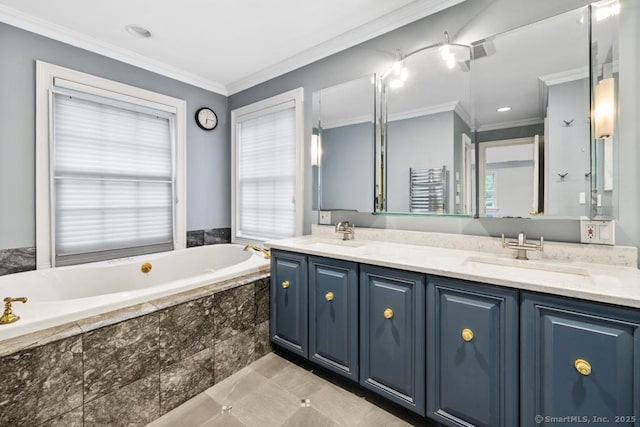 96 Norrans Ridge Dr, Ridgefield, CT 06877 - full bathroom featuring double vanity, a bath, and ornamental molding