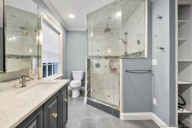 96 Norrans Ridge Dr, Ridgefield, CT 06877 - full bath with vanity, ornamental molding, a stall shower, and recessed lighting