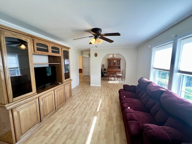 4 Cedar Grove Rd, Southington, CT 06489 - living room with a ceiling fan, baseboards, light wood-style floors, crown molding, and a chandelier