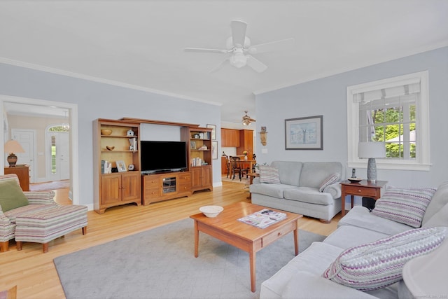 14 Withe Pass, Burlington, CT 06013 - living room featuring a ceiling fan, crown molding, and light wood finished floors