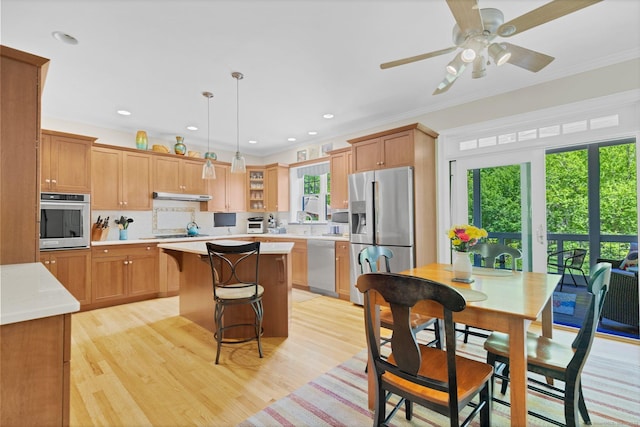 14 Withe Pass, Burlington, CT 06013 - kitchen featuring appliances with stainless steel finishes, light wood-type flooring, crown molding, a center island, and under cabinet range hood
