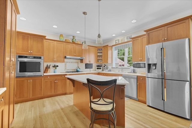 14 Withe Pass, Burlington, CT 06013 - kitchen featuring stainless steel appliances, light wood-type flooring, light countertops, a sink, and a breakfast bar area