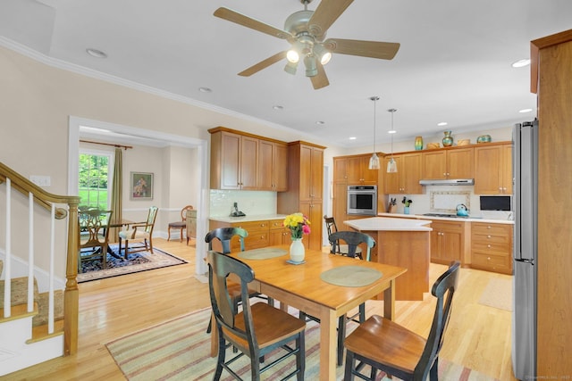 14 Withe Pass, Burlington, CT 06013 - dining room featuring stairs, light wood-style flooring, a ceiling fan, ornamental molding, and recessed lighting