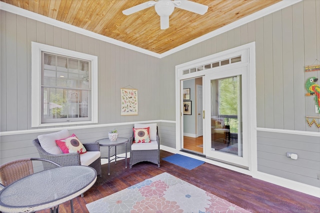 14 Withe Pass, Burlington, CT 06013 - living area with crown molding, wooden walls, wood-type flooring, a ceiling fan, and wood ceiling