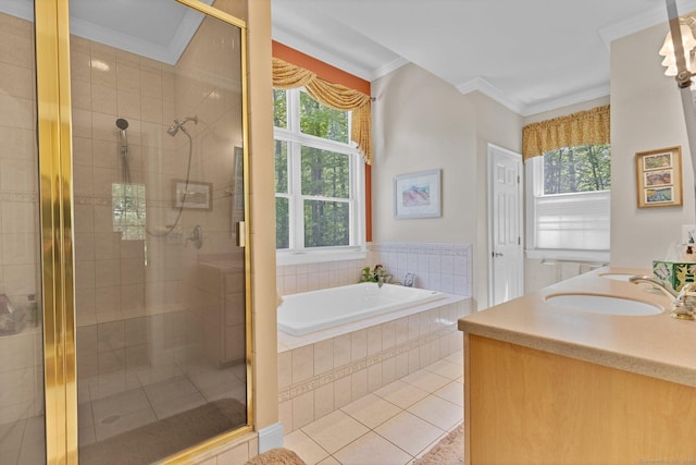 14 Withe Pass, Burlington, CT 06013 - full bath featuring a shower stall, a bath, tile patterned flooring, and crown molding