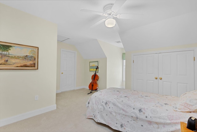 14 Withe Pass, Burlington, CT 06013 - bedroom featuring light colored carpet, lofted ceiling, a closet, baseboards, and a ceiling fan