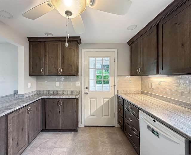 57 Fenway Dr, Hamden, CT 06517 - kitchen featuring white dishwasher, dark brown cabinets, backsplash, and a ceiling fan