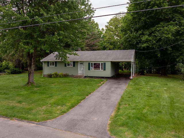 165 Scantic Meadow Rd, South Windsor, CT 06074 - ranch-style house with driveway, a chimney, a carport, and a front lawn
