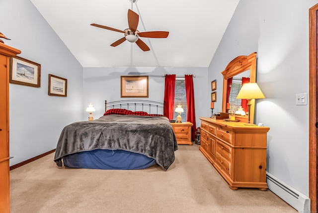 28 Blakeman Dr, Monroe, CT 06468 - bedroom with a baseboard heating unit, lofted ceiling, light carpet, ceiling fan, and baseboards