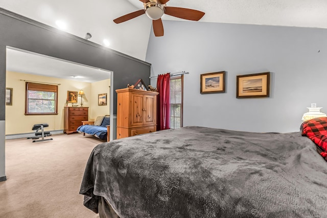 28 Blakeman Dr, Monroe, CT 06468 - bedroom featuring carpet floors, high vaulted ceiling, a baseboard heating unit, and a ceiling fan