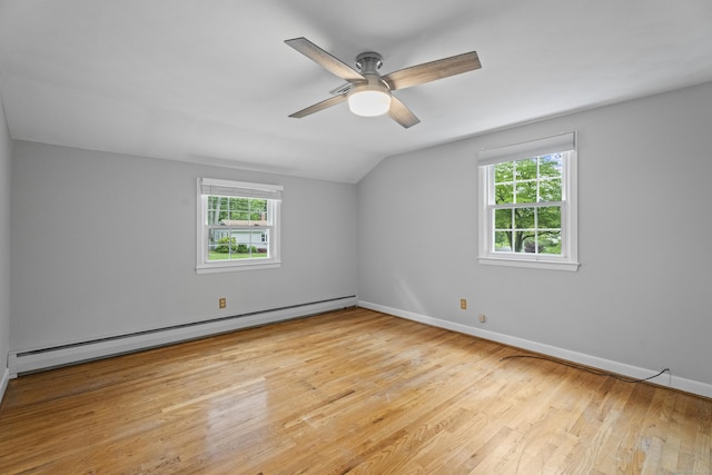 38 Rossie St, Stonington, CT 06355 - unfurnished room featuring baseboard heating, lofted ceiling, healthy amount of natural light, wood finished floors, and ceiling fan