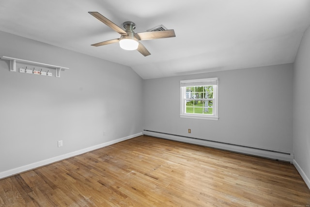 38 Rossie St, Stonington, CT 06355 - spare room featuring a baseboard radiator, lofted ceiling, a ceiling fan, and light wood-style floors