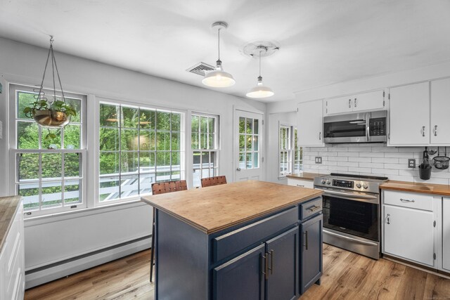 38 Rossie St, Stonington, CT 06355 - kitchen featuring appliances with stainless steel finishes, baseboard heating, white cabinetry, and plenty of natural light