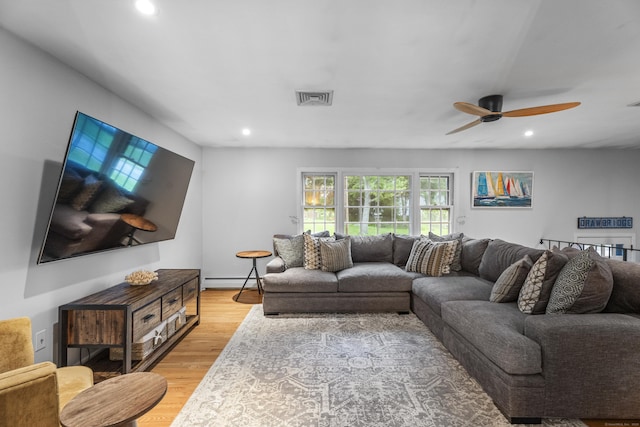 38 Rossie St, Stonington, CT 06355 - living area featuring a ceiling fan, recessed lighting, light wood finished floors, and a baseboard radiator