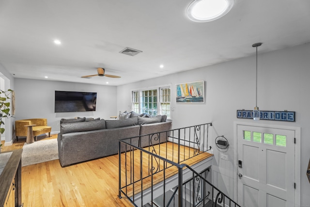 38 Rossie St, Stonington, CT 06355 - living room with a ceiling fan, recessed lighting, light wood finished floors, and a baseboard radiator