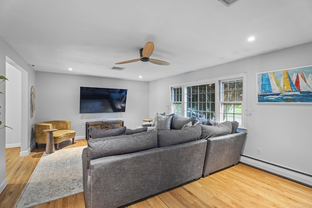 38 Rossie St, Stonington, CT 06355 - living room featuring ceiling fan, wood finished floors, baseboard heating, and recessed lighting