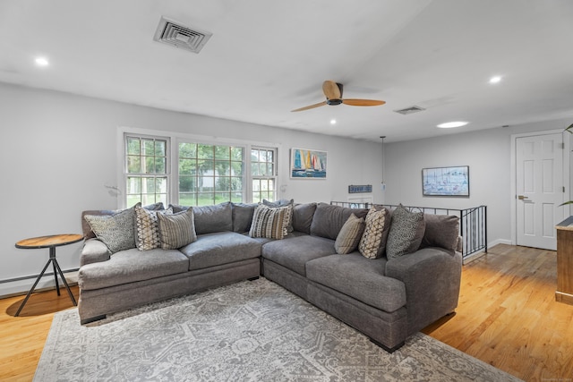 38 Rossie St, Stonington, CT 06355 - living area featuring a baseboard heating unit, ceiling fan, light wood finished floors, and recessed lighting