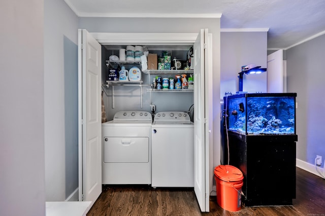 242 Park Ave, Bloomfield, CT 06002 - laundry room with dark wood-type flooring, independent washer and dryer, ornamental molding, and baseboards
