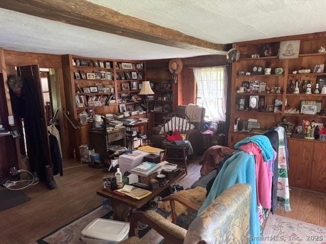 21 Clinic Rd, Pomfret, CT 06230 - living room featuring wood finished floors, beamed ceiling, and a textured ceiling