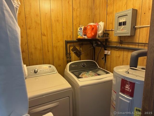 21 Clinic Rd, Pomfret, CT 06230 - washroom with separate washer and dryer, electric water heater, wooden walls, and electric panel