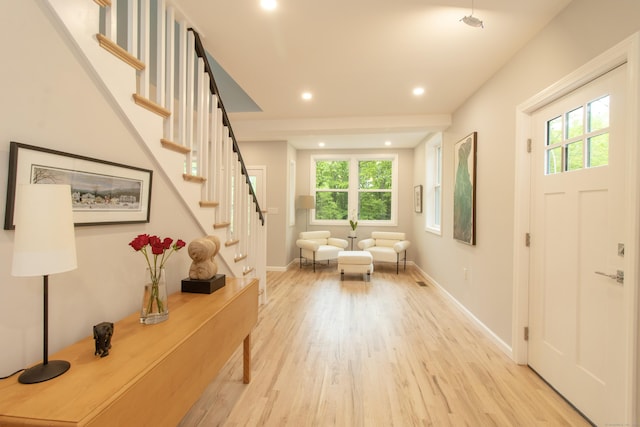 708 County Rd, Guilford, CT 06437 - entryway featuring light wood-style flooring, recessed lighting, baseboards, and stairway