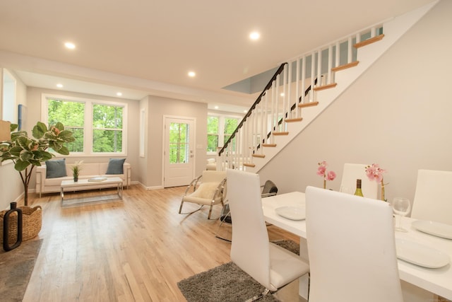 708 County Rd, Guilford, CT 06437 - dining room with stairway, recessed lighting, wood finished floors, and baseboards