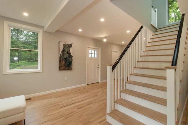 708 County Rd, Guilford, CT 06437 - foyer entrance with stairs, light wood-type flooring, baseboards, and recessed lighting