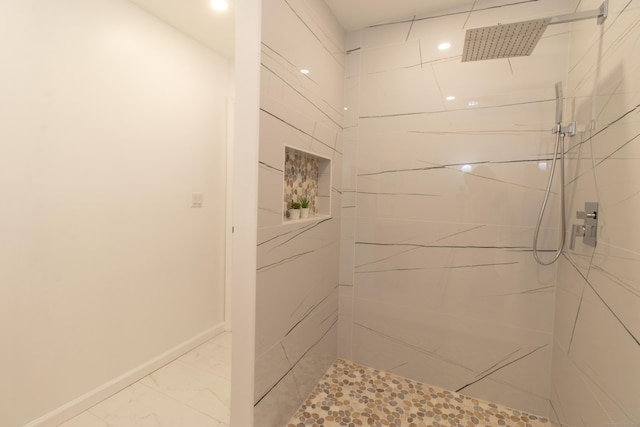 708 County Rd, Guilford, CT 06437 - full bathroom with a tile shower, recessed lighting, baseboards, and marble finish flooring