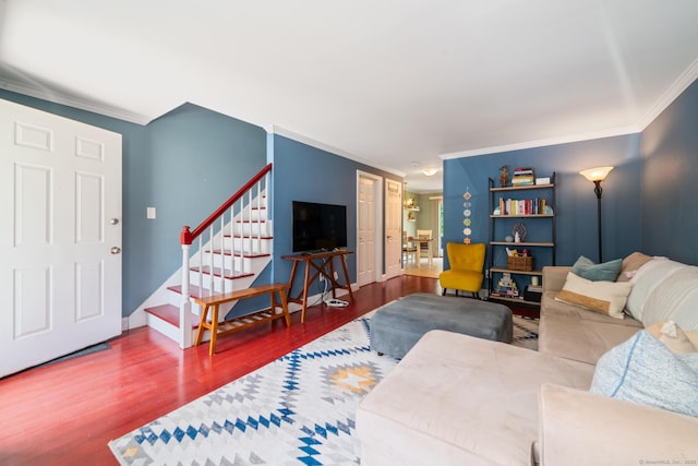 148 Fairway Dr Unit 148, Cheshire, CT 06410 - living area featuring crown molding, wood finished floors, stairway, and baseboards
