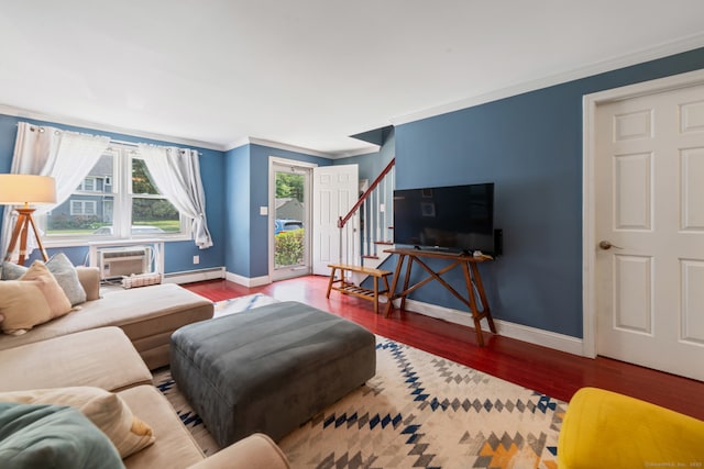 148 Fairway Dr Unit 148, Cheshire, CT 06410 - living room featuring a baseboard heating unit, stairway, baseboards, ornamental molding, and wood finished floors