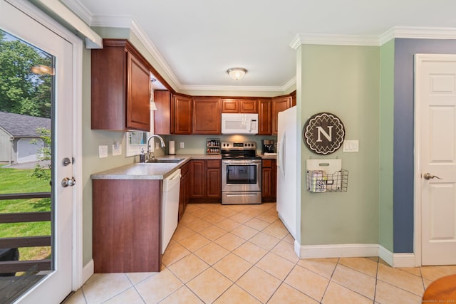 148 Fairway Dr Unit 148, Cheshire, CT 06410 - kitchen featuring white appliances, a sink, crown molding, baseboards, and light tile patterned floors