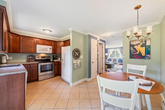 148 Fairway Dr Unit 148, Cheshire, CT 06410 - kitchen with white appliances, a sink, a chandelier, ornamental molding, and light tile patterned floors