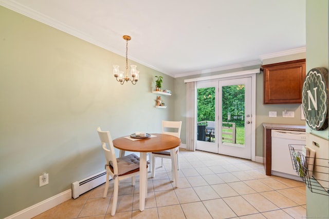 148 Fairway Dr Unit 148, Cheshire, CT 06410 - dining area with a baseboard heating unit, crown molding, a chandelier, baseboards, and light tile patterned floors