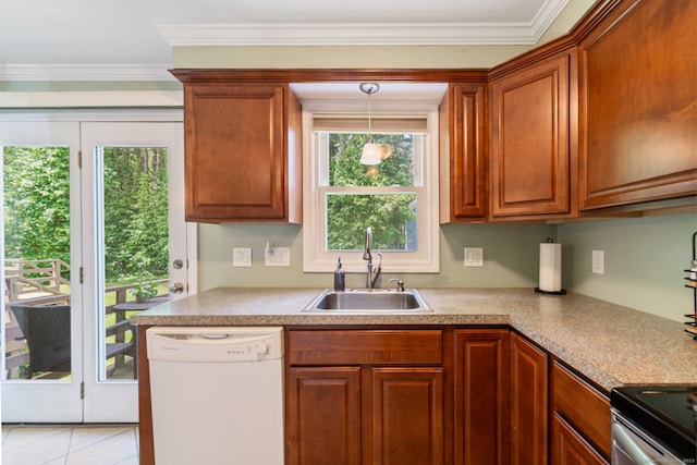 148 Fairway Dr Unit 148, Cheshire, CT 06410 - kitchen with dishwasher, a sink, brown cabinetry, light countertops, and hanging light fixtures