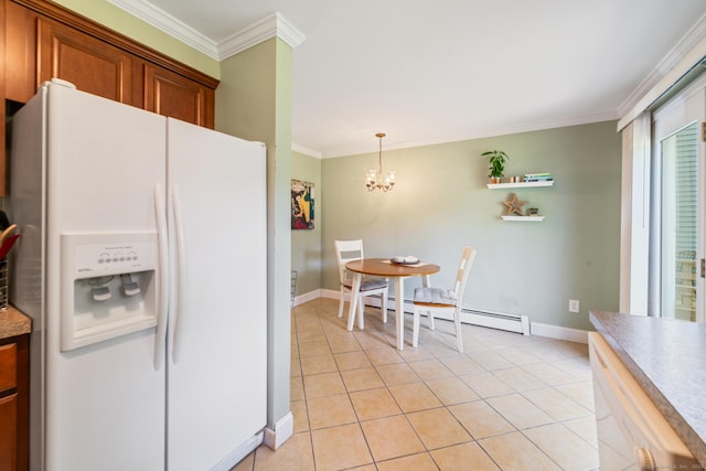 148 Fairway Dr Unit 148, Cheshire, CT 06410 - kitchen with white fridge with ice dispenser, ornamental molding, light tile patterned flooring, brown cabinets, and baseboard heating