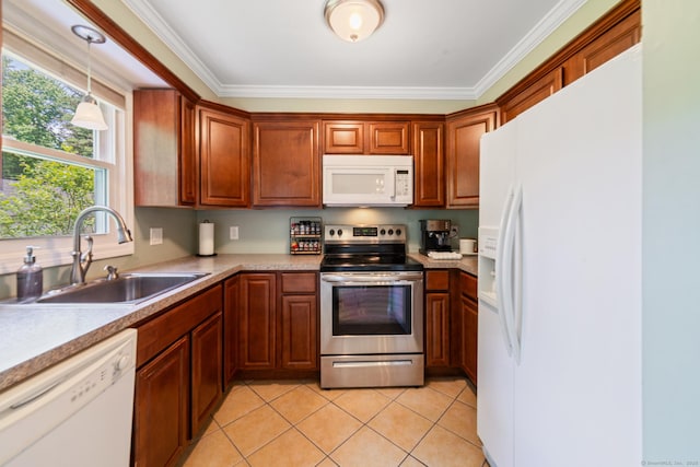 148 Fairway Dr Unit 148, Cheshire, CT 06410 - kitchen featuring white appliances, a sink, crown molding, light tile patterned floors, and decorative light fixtures