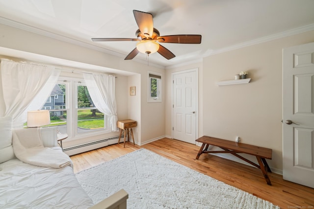 148 Fairway Dr Unit 148, Cheshire, CT 06410 - living area featuring a baseboard radiator, ornamental molding, wood finished floors, a ceiling fan, and baseboards
