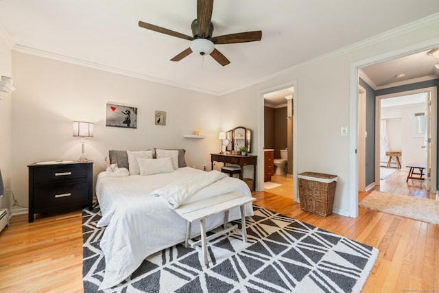 148 Fairway Dr Unit 148, Cheshire, CT 06410 - bedroom with light wood-style floors, crown molding, ceiling fan, connected bathroom, and baseboards