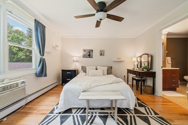 148 Fairway Dr Unit 148, Cheshire, CT 06410 - bedroom with a baseboard radiator, light wood-type flooring, crown molding, and connected bathroom