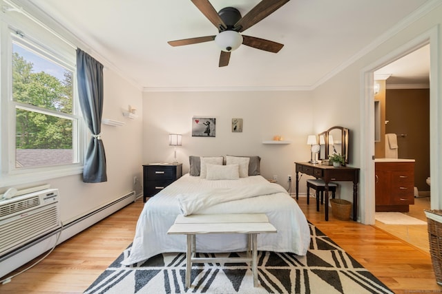 148 Fairway Dr Unit 148, Cheshire, CT 06410 - bedroom with light wood-type flooring, a baseboard radiator, crown molding, and connected bathroom