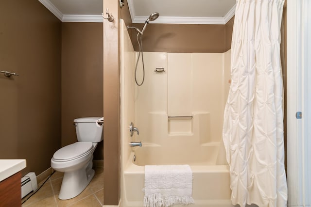 148 Fairway Dr Unit 148, Cheshire, CT 06410 - bathroom featuring crown molding, a baseboard radiator, toilet, shower / tub combo, and vanity