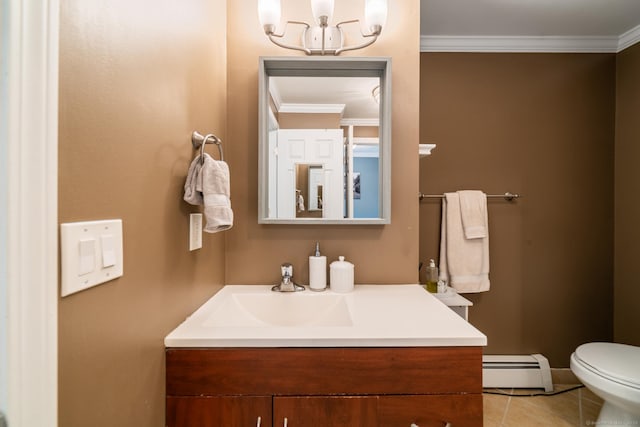 148 Fairway Dr Unit 148, Cheshire, CT 06410 - half bathroom featuring baseboard heating, ornamental molding, vanity, a chandelier, and toilet