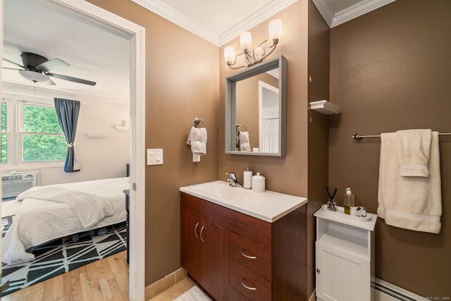 148 Fairway Dr Unit 148, Cheshire, CT 06410 - bathroom with vanity, ensuite bath, ornamental molding, a ceiling fan, and a baseboard radiator