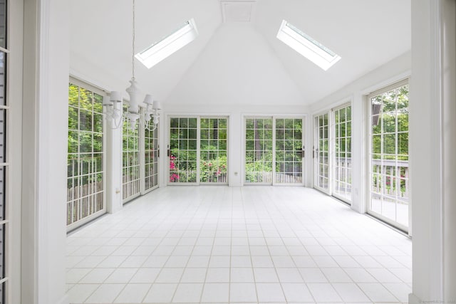 39 Chestnut Hill Rd, Simsbury, CT 06092 - unfurnished sunroom featuring a skylight, tile patterned flooring, high vaulted ceiling, and a chandelier