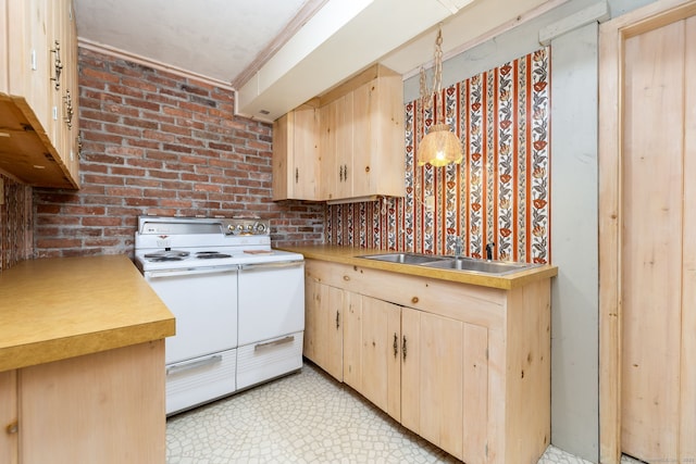 39 Chestnut Hill Rd, Simsbury, CT 06092 - kitchen featuring white electric range oven, light brown cabinetry, light countertops, crown molding, and a sink