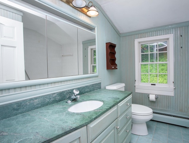 106 Hedgehog Ln, Simsbury, CT 06092 - bathroom featuring a baseboard radiator, lofted ceiling, tile patterned flooring, vanity, and toilet