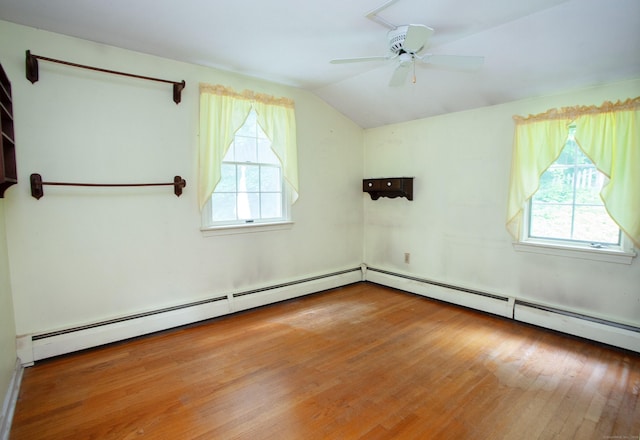 106 Hedgehog Ln, Simsbury, CT 06092 - empty room featuring plenty of natural light, wood finished floors, vaulted ceiling, ceiling fan, and a baseboard heating unit