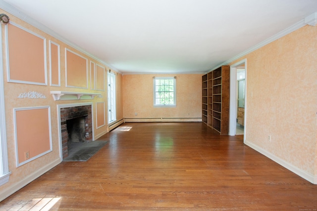 106 Hedgehog Ln, Simsbury, CT 06092 - unfurnished living room with wood finished floors, a fireplace with flush hearth, ornamental molding, baseboards, and a baseboard heating unit