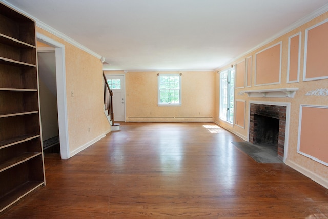 106 Hedgehog Ln, Simsbury, CT 06092 - unfurnished living room with a baseboard radiator, crown molding, stairway, wood finished floors, and a brick fireplace